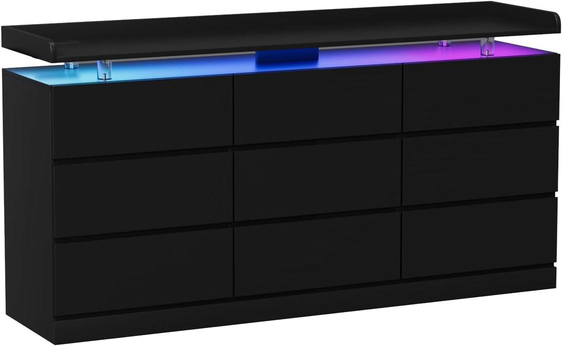 63" 9 Drawer Dresser with LED Light, Black