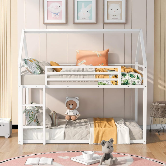 Bunk Bed Twin over Twin Metal Floor Bunk Bed with Ladder, House Shaped Bunk Bed Frame with Metal Slats for Dormitory and Bedroom, Space Saving, No Box Spring Needed