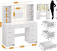Vanity Desk with Mirror and Lights, Makeup Vanity Desk with 9 Drawers & 6 Shelves, Make up Vanity, Dressing Table with Touch Screen Mirror & Power Outlet, White Vanity for Girls Women, Bedroom