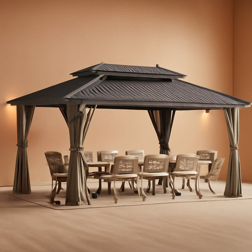 12X20Ft Gazebo Hardtop Canopy Heavy Duty Double Roof Outdoor W/Nettings and Curtains, Upgraded Aluminum Column Galvanized Steel Vertical Stripes Roof for Patio, Backyard, Deck, Lawns, Brown