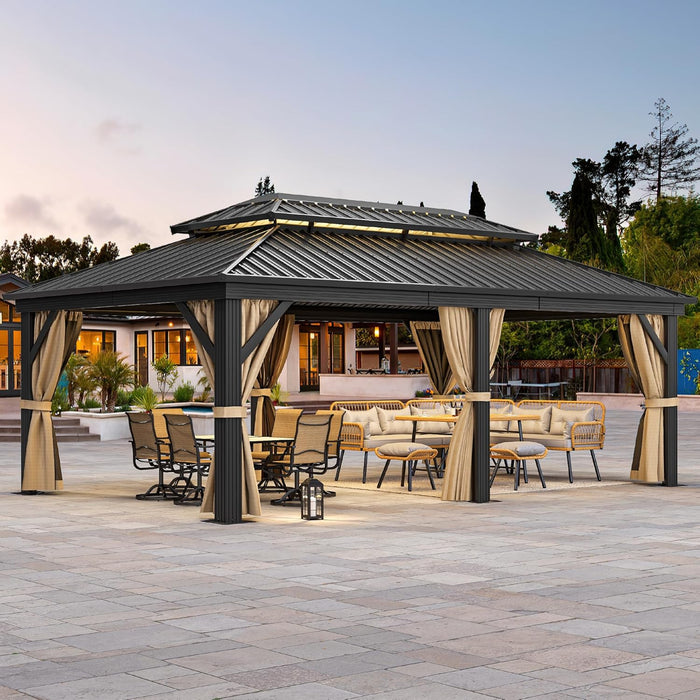 12X20Ft Gazebo Hardtop Canopy Heavy Duty Double Roof Outdoor W/Nettings and Curtains, Upgraded Aluminum Column Galvanized Steel Vertical Stripes Roof for Patio, Backyard, Deck, Lawns, Brown