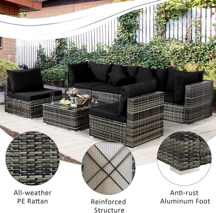 7 Pieces Patio Rattan Furniture Set, Patiojoy Outdoor Conversation Set with Cushions and Tempered Glass Coffee Table, All-Weather Sectional Sofa Set for Garden, Lawn, Backyard (Black)