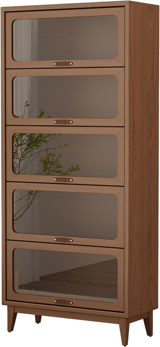 Solid Wood Bookcase with Tempered Glass Doors – Spacious 5-Tier Storage Shelf with Glass-Front Design, Flip-Top Hidden Doors for Apartments & Home Offices (72 Inches Tall)
