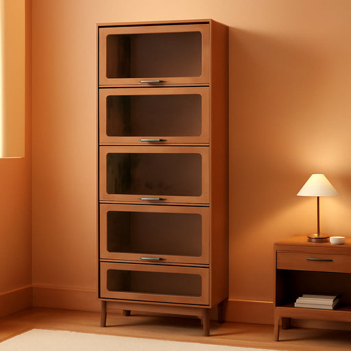 Solid Wood Bookcase with Tempered Glass Doors – Spacious 5-Tier Storage Shelf with Glass-Front Design, Flip-Top Hidden Doors for Apartments & Home Offices (72 Inches Tall)