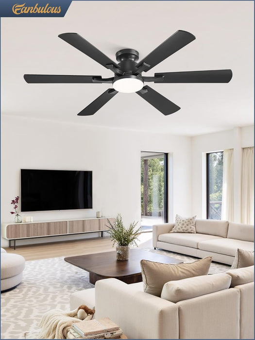 52 Inch Ceiling Fan with Lights, APP & Remote Control, Flush Mount Low Profile Black Ceiling Fan, 3000-6000K Dimmable LED, Quiet Reversible Motor, 6 Blades, 6 Speeds, for Bedroom Living Room
