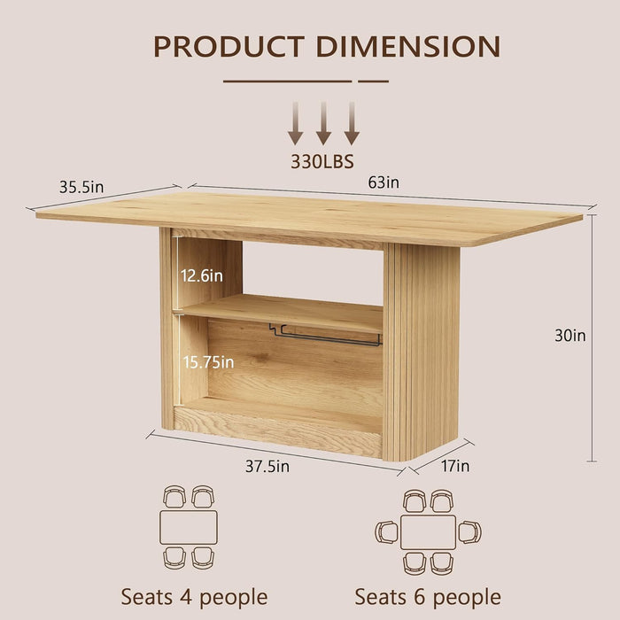 63" Dining Table with Storage, Farmhouse Rectangular Kitchen Table | Fluted Kitchen Table for 6-8 with 2-Tier Storage Shelf, Farmhouse Wood Table