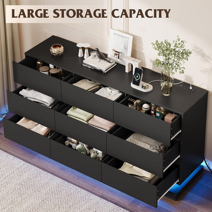 9 Drawer Dresser with LED Light, Dresser with Charging Station