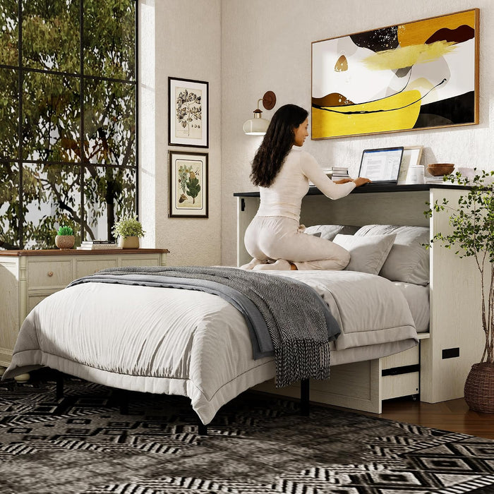 Rustic White Queen Size Murphy CabinetBed USBCharging