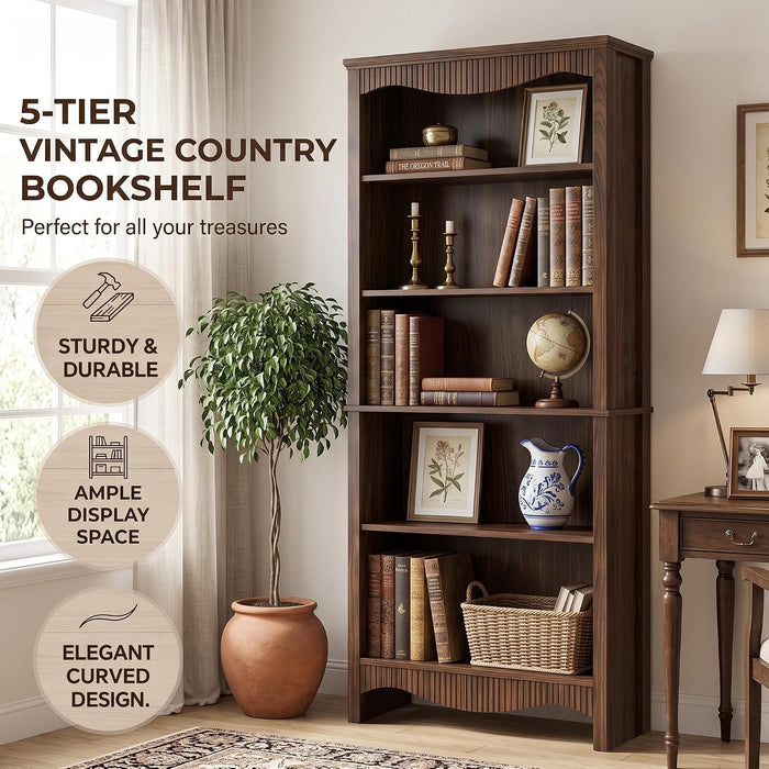 5-Tier Bookshelf, Mid-Century Bookcase,Fluted Wood Booklshelf, Walnut | Modern Bookcase with Classic Fluted Details, Freestanding Wood-Look Storage Rack for Home Office, Living Room, and Bedroom
