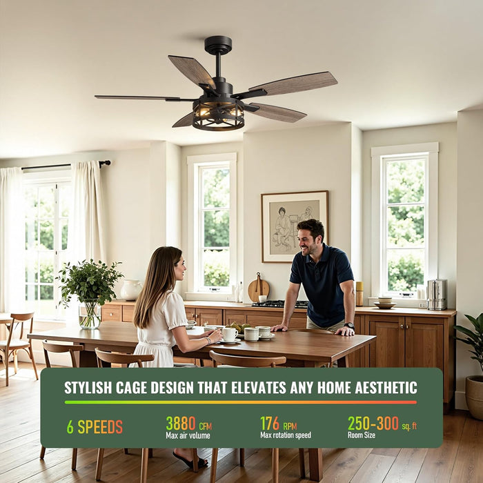 52 Inch Ceiling Fan with Light and Remote Control, Farmhouse Ceiling Fan with LED Lighting for Bedroom Living Room and Patio, Black Caged Ceiling Fan for Indoor and Outdoor(No Bulbs)