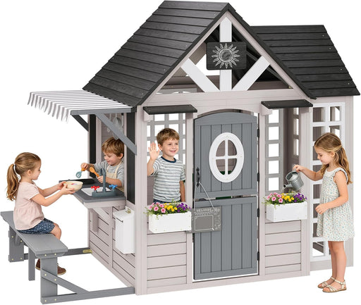 Large Wooden Outdoor Playhouse With Kitchen Features