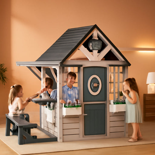 Large Wooden Outdoor Playhouse With Kitchen Features