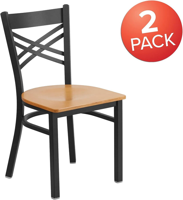 2 Pack HERCULES Series Black ''X'' Back Metal Restaurant Chair - Natural Wood Seat