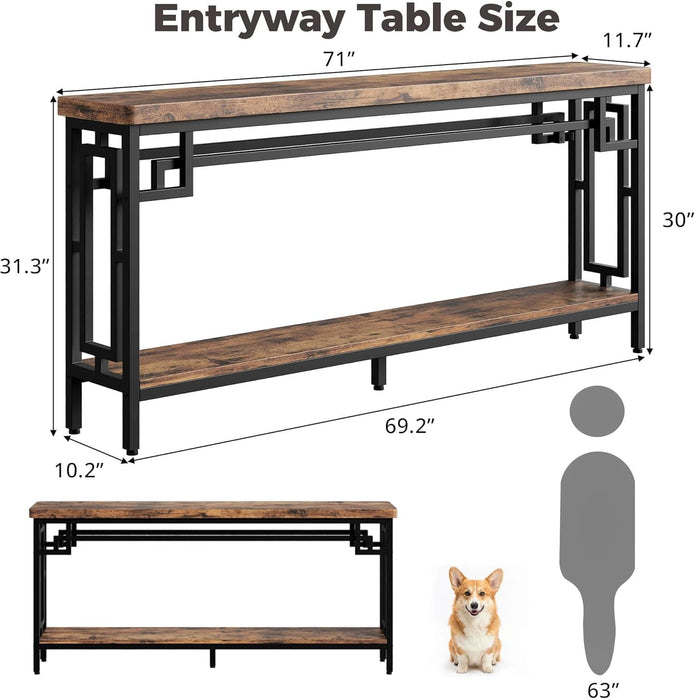 70.9" Long Console Table, 2-Tier Long Narrow Console Table behind Couch for Display with Central Support Frame, Industrial Long Entryway Table for Entryway and Living Room