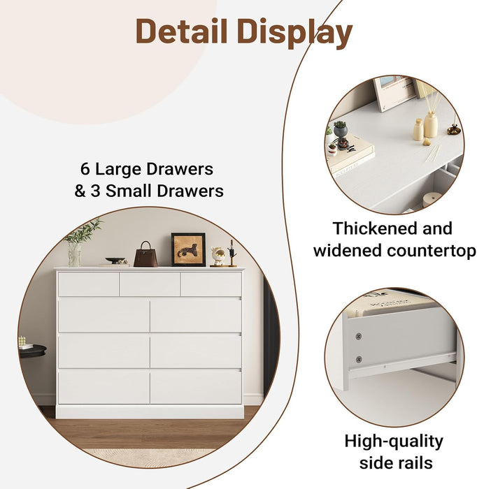 9-Drawer Dresser for Bedroom, 47.2" Wide Handleless Design, White