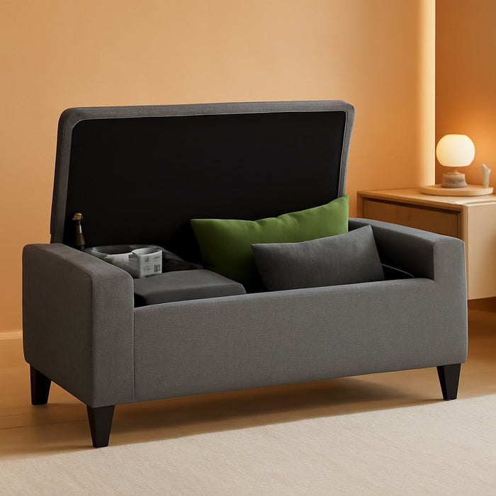 Storage Ottoman, Linen Upholstered Storage Bench with Lift Top and Button Tufted for Living Room, Gray