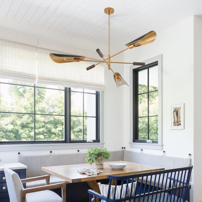 51" Industrial Farmhouse Chandelier with Antique Brass Brush Paint and Matt Black Finish, Wood Pendant Lighting Fixture for Dining Room Living Room Kitchen Island Bedroom 3-Light