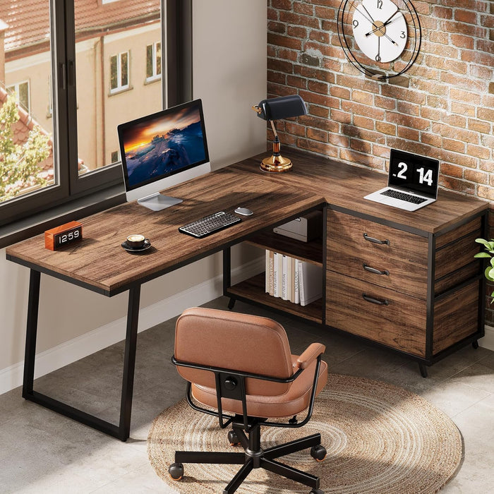 53" L Shaped Office Desk, Reversible Corner Computer Desk with 3 File Drawers and 2 Storage Shelves for Home Office, Study, Gaming Room (Brown)