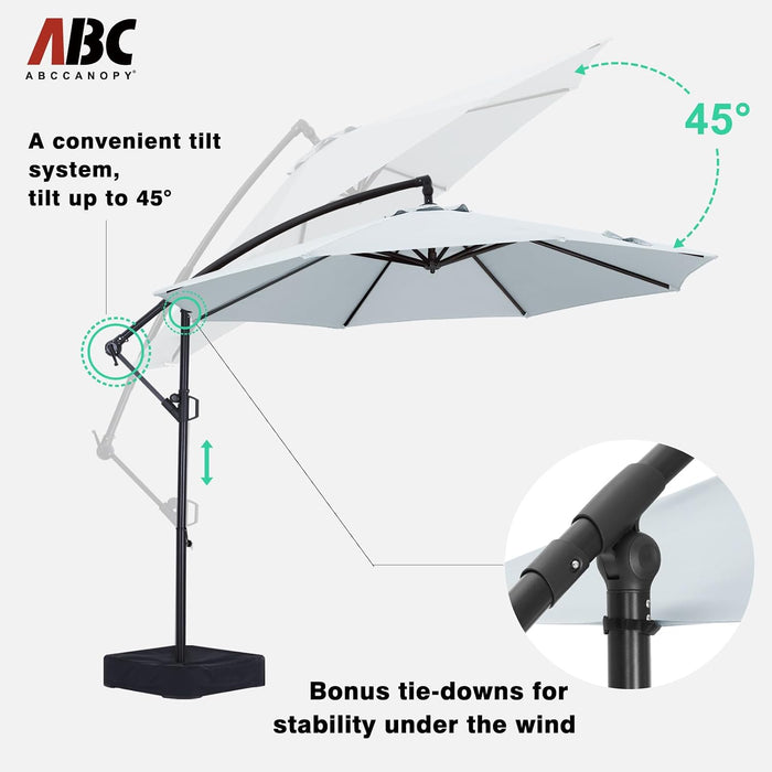 10FT Cantilever Patio Umbrella with Base Included, 360° Rotation Outdoor Offset Umbrella Bonus Fix Frame & Weights Bag for Backyard, Deck, Poolside (Gray)