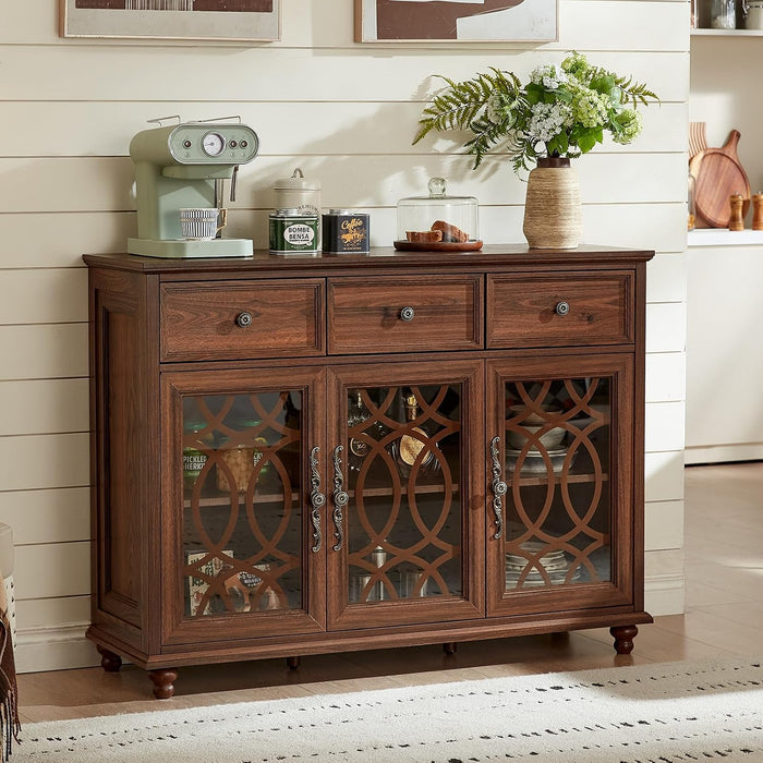 Farmhouse Sideboard Buffet Cabinet with Storage,48" Large Credenza with 3 Glass Doors & 3 Drawers,Adjustable Shelves Console Table,Wood Kitchen Coffee Bar for Dining Room,Living Room,Brown