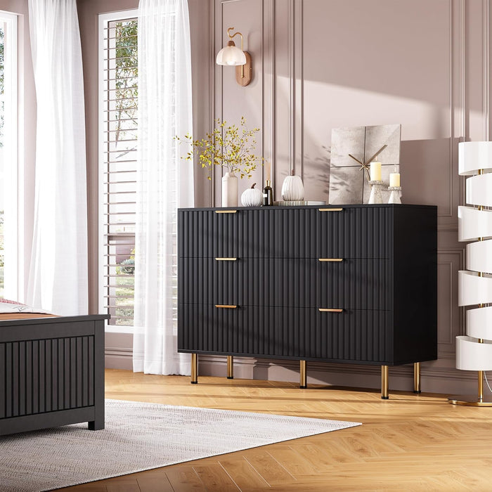 47.2" Fluted Black 6 Drawer Dresser for Bedroom with Deep Drawer