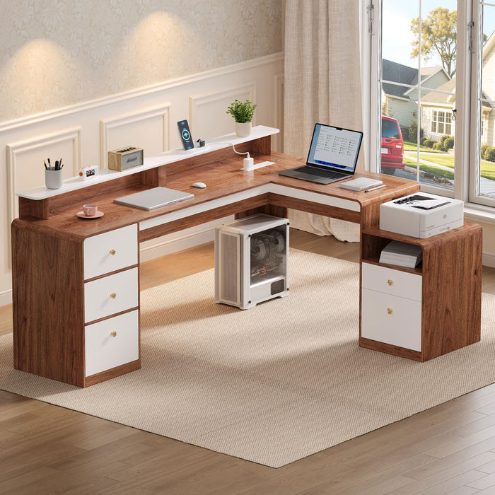 66" Farmhouse L Shaped Desk with 5 Drawers & File Drawers for Home Office
