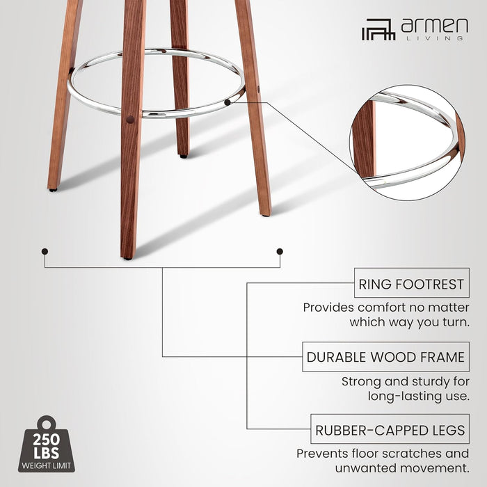 Daxton Mid Century Modern Swivel Bar Stool for Kitchen Island Counter in Cream Faux Leather and Walnut Wood, 30" Seat Height