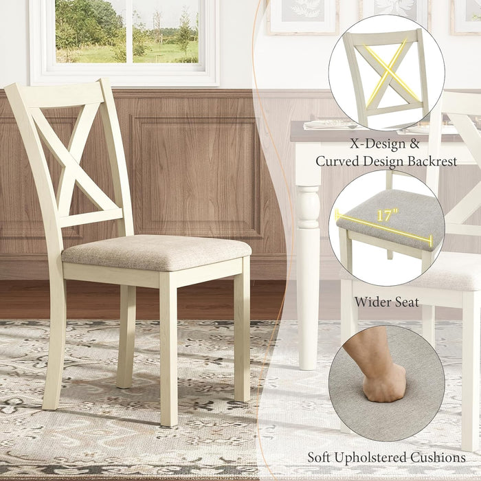 6-Piece Farmhouse Dining Table Set, 60” Solid Wood Table, 4 Upholstered Chairs and Bench, Rustic White and Walnut Finish, Seating for 6, for Kitchen or Dining Room