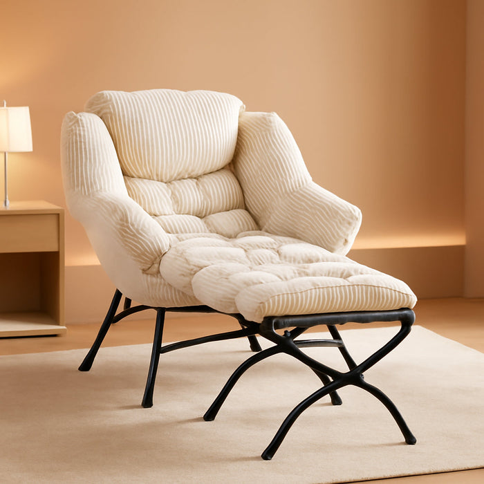 Lazy Chair with Ottoman Bedroom Chairs for Adults Modern Lounge Accent Chair with Armrests, Ergonomic Footrest for Small Spaces, Comfy Reading Chair for Living Room, Bedroom, Office White
