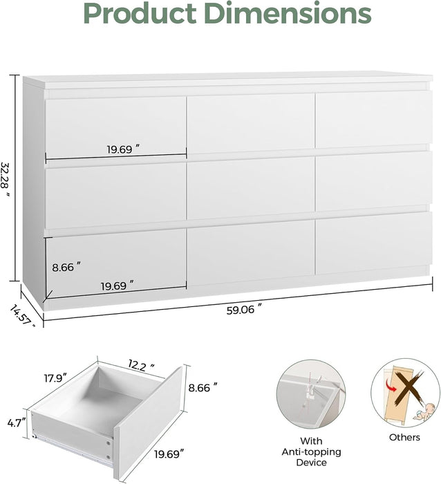 Modern 9 Drawer Dresser for Bedroom, Simply Chest of Drawers, Wood Storage Dresser with Deep Drawers for Living Room Hallway Entryway (White)