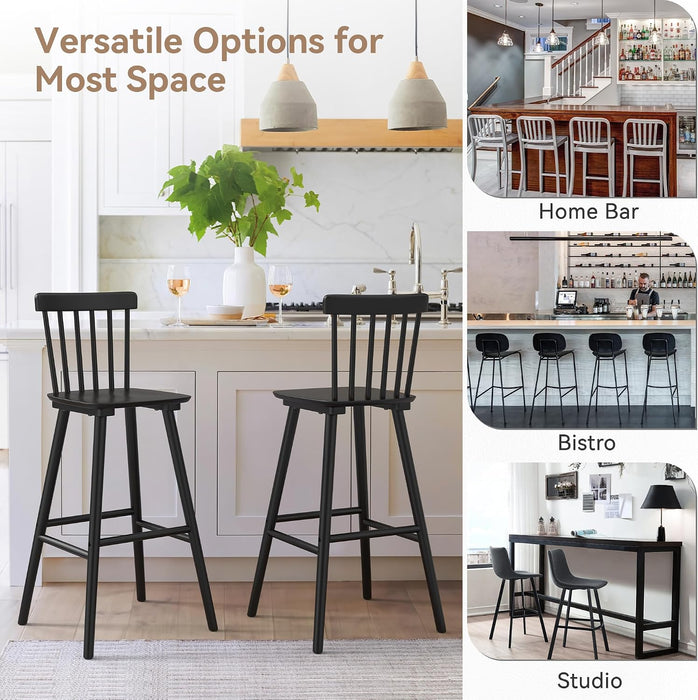 Windsor Wooden Barstools Set of 4 for Kitchen Island, Farmhouse 30 Inch Bar Height Stools Chairs with Spindle Back for Bar Bistro, Black