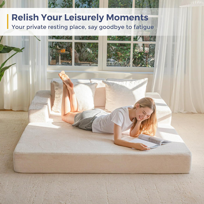 Beige Foldable Convertible Sleeper Sofa With CupHolders