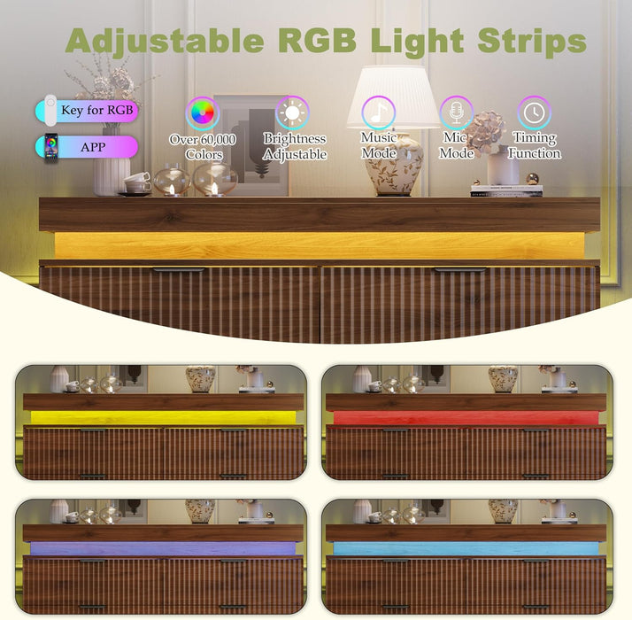 6 Drawer Dresser with LED Lights and Charging Station, 47" Wide Walnut Wood Fluted Dresser for Bedroom, Modern Chest of Drawers for Closet Organizer Cabinet for Living Room, Entryway, Hallway