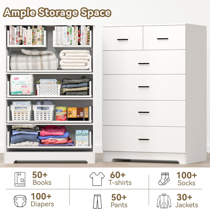 Dresser with Power Outlets Wooden 6 Drawer Dresser with Large Organizer White Tall Storage Organizer with Smooth Metal Rail Modern Chest of Drawers Closet for Bedroom Hallway