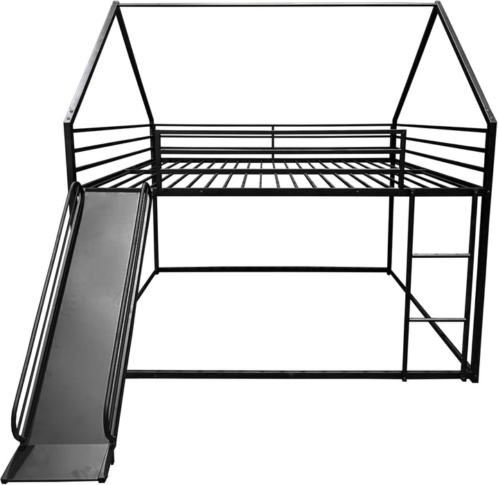 Full over Full House Bunk Bed with Slide and Roof Design & Ladder, Metal Playhouse Bedframe for Kids, Boys and Girls, Easy Assembly & No Box Spring Needed (Black)