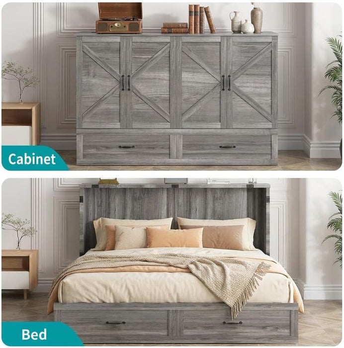 Grey QueenSize MurphyBed With Mattress USBCharging
