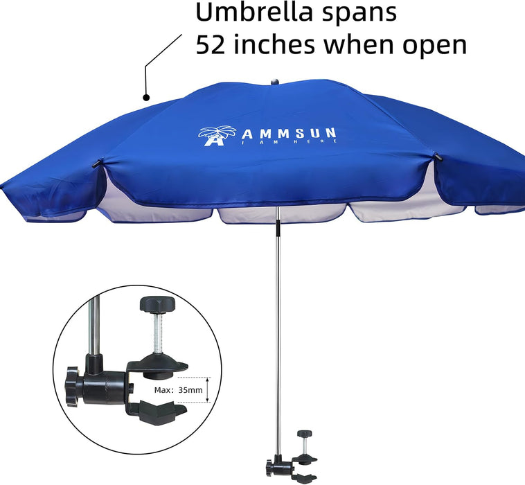 XL Chair Umbrella with Universal Clamp 52 Inches and 360-Degree Swivel UPF 50+, Portable Clamp on Camping or Beach Chair, Stroller, Wheelchair, Golf Cart, Blue, Large-Sized