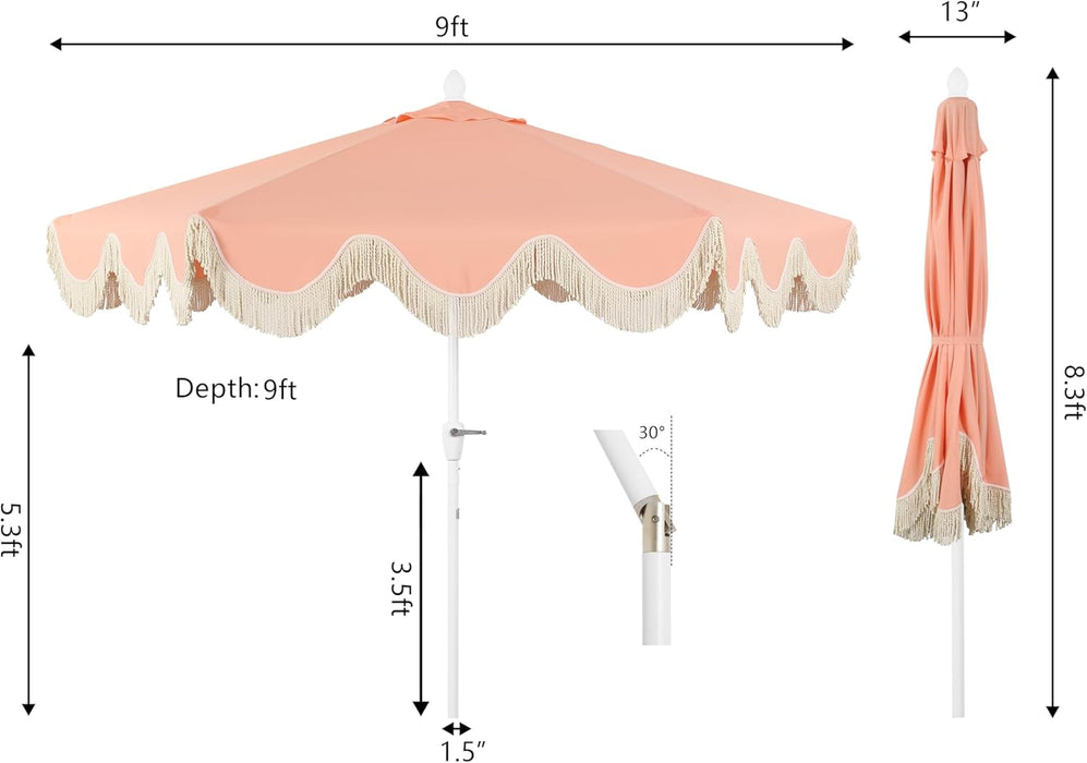 UMB1001 Collins 9 Ft. Classic Cottage Tassel Market Patio Umbrella with Auto-Tilt, Crank, Wind Vent and UV Protection