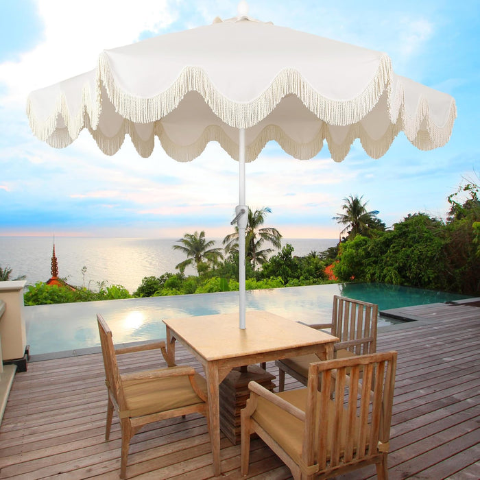 UMB1001 Collins 9 Ft. Classic Cottage Tassel Market Patio Umbrella with Auto-Tilt, Crank, Wind Vent and UV Protection