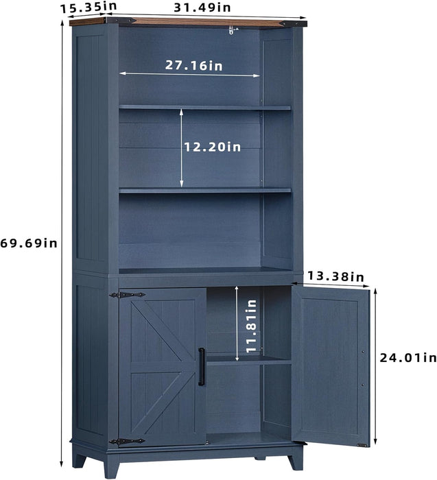 70In Tall Bookshelf 5 Tier Bookcase with Barn Doors and Adjustable Shelves, Blue Farmhouse Book Shelf with Storage Cabinet, Wood Freestanding Display Bookshelves for Bedroom, Living Room