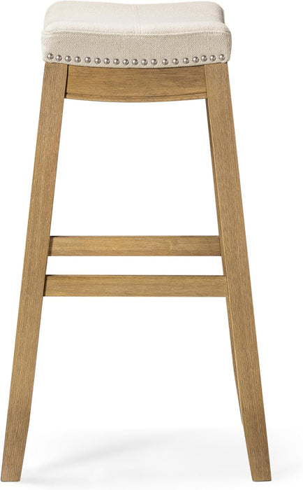 31" Sophia Backless Bar Stool - Handcrafted Plush Upholstered Saddle Seat with Six-Panel Stitching & Nailhead Trim - Space Saving Wood Barstool in Aged Natural Finish W/Light Beige Fabric