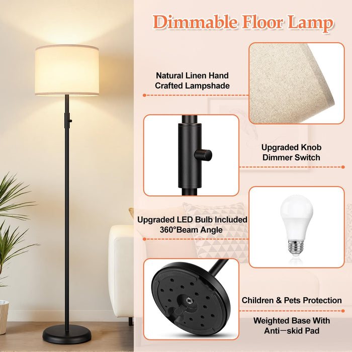 Black Dimmable Tall Floor Lamp 1000Lumens LinenShade