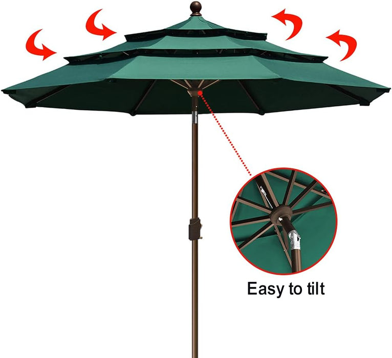 USA 10-Year-Non-Fading 9Ft 3-Tier Market Patio Umbrella, Commercial Grade Outdoor Table Umbrella with Crank Open, Windproof & UPF 50+ UV Protection, Heavy Duty Ventilation for Garden, Deck, Pool, Backyard, Beach & Bistro, Forest Green