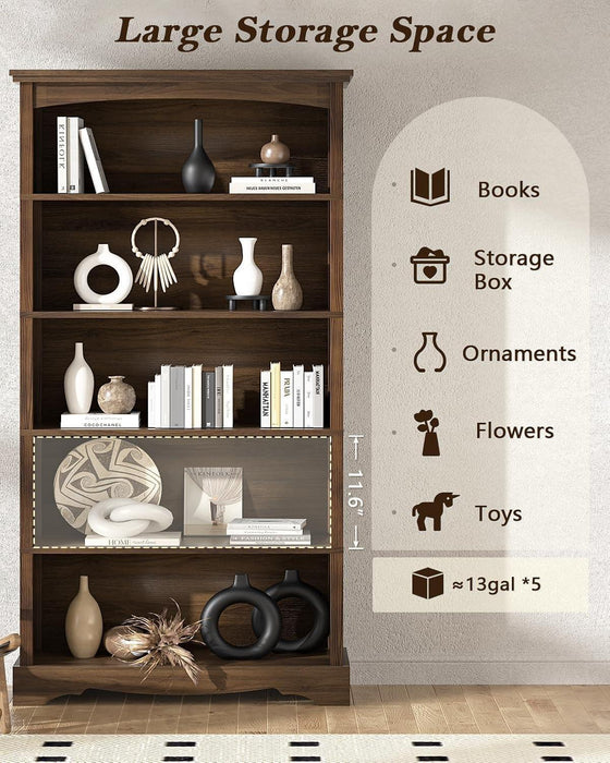 5-Tier Wooden Bookshelf, 65 Inch Tall Bookshelf with Storage, Floor Standing Modern Style Display Bookcase for Living Room, Office, Study Room, Entryway, Brown