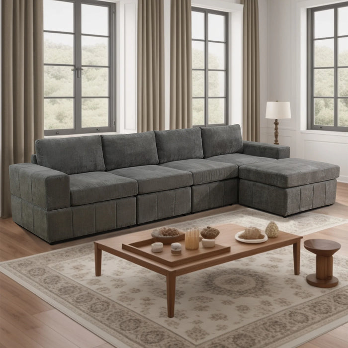 132" Oversized Sectional Sofa, 4 Seater Couch with Ottoman for Living Room, Microfiber, Gray