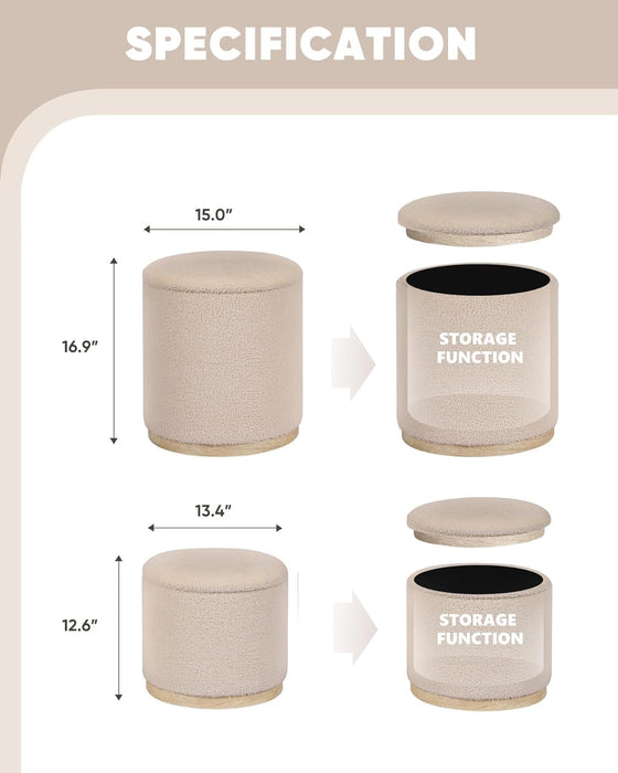 Storage Ottoman round Boucle Ottomans with Tray, Set of 2 Teddy Foot Rest Ottoman Cube with Storage for Living Room , Apricot 15"X15"X16.9"