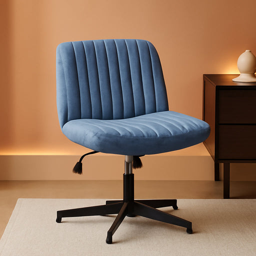 Criss Cross Chair Legged, Armless Office Desk Chair No Wheels, Swivel Vanity Chair, Height Adjustable Wide Seat Computer Task Chair, Fabric Vanity Modern Home Chair Blue