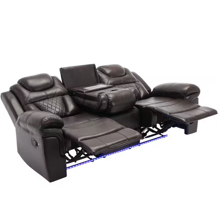 83.1 in Flared Arm Faux Leather Rectangle Manual Recliner 3-Seat Sofa In. Brown with Center Console and LED Light Strip