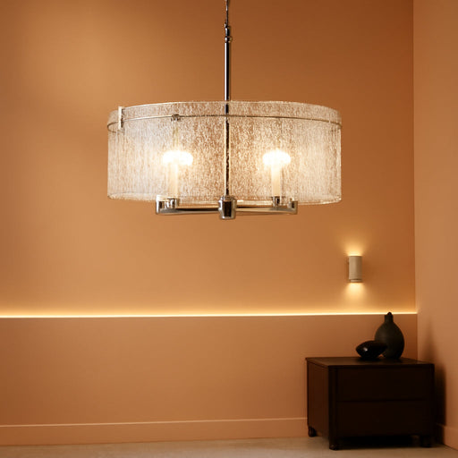 Brushed Nickel Glass Chandeliers for Dining Room, 18.7'' Modern Farmhouse Glass Drum Chandelier for Entryway, 5-Light Hanging round Light Fixture for Living Room Bedroom Foyer Hallway Kitchen Island