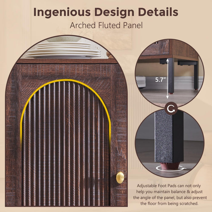 92.63" W Modern Arched Sideboard Buffet Cabinet with Storage, Brown | Fluted Arch Sideboard Cabinet W/Adjustable Shelves, Wooden Modular Kitchen Cabinet for Dining& Living Room, Entryway